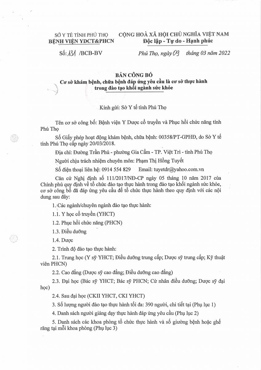 BẢN CÔNG BỐ CƠ SỞ KHÁM BỆNH, CHỮA BỆNH ĐÁP ỨNG YÊU CẦU LÀ CƠ SỞ THỰC HÀNH TRONG ĐÀO TẠO KHỐI NGHÀNH SỨC KHỎE