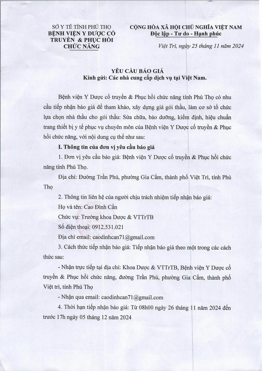 YÊU CẦU BÁO GIÁ