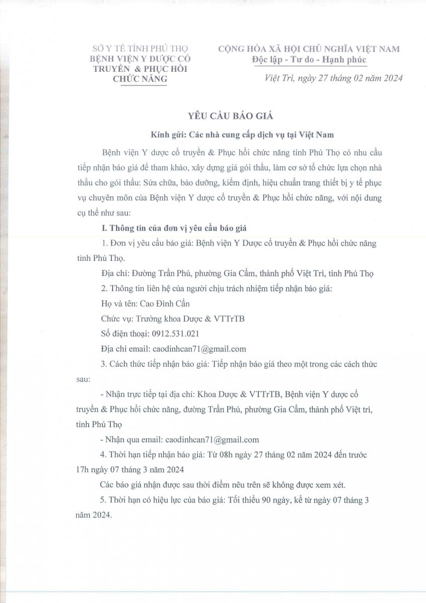 YÊU CẦU BÁO GIÁ TRANG THIẾT BỊ Y TẾ