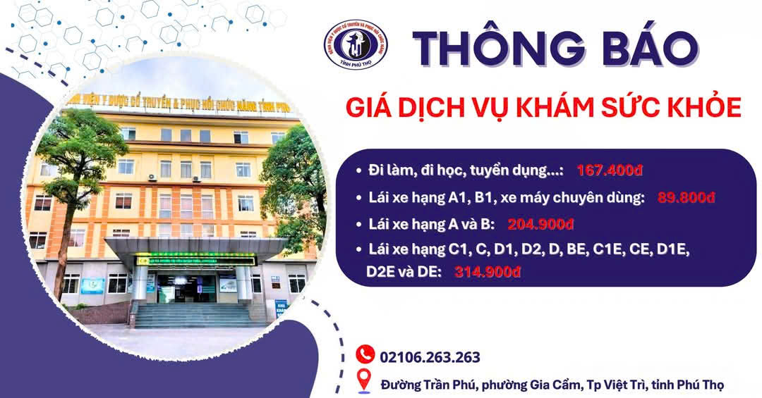 QUY ĐỊNH MỚI NHẤT VỀ GIÁ DỊCH VỤ KHÁM SỨC KHỎE TẠI BỆNH VIỆN Y DƯỢC CỔ TRUYỀN VÀ PHỤC HỒI CHỨC NĂNG TỈNH PHÚ THỌ