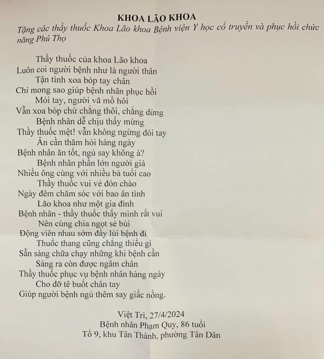 THƠ CẢM ƠN CỦA NGƯỜI BỆNH