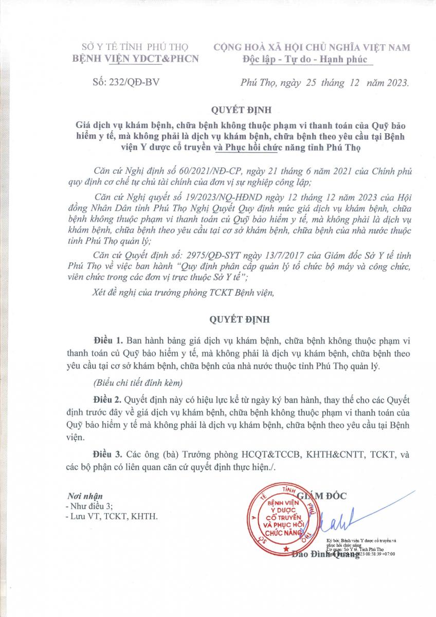 Về việc ban hành bảng giá dịch vụ khám bệnh, chữa bệnh theo yêu cầu tại Bệnh viện Y dược cổ truyền và Phục hồi chức năng tỉnh Phú Thọ