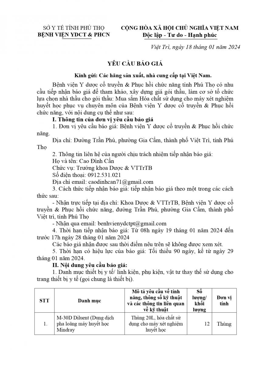 YÊU CẦU BÁO GIÁ HÓA CHẤT HUYẾT HỌC