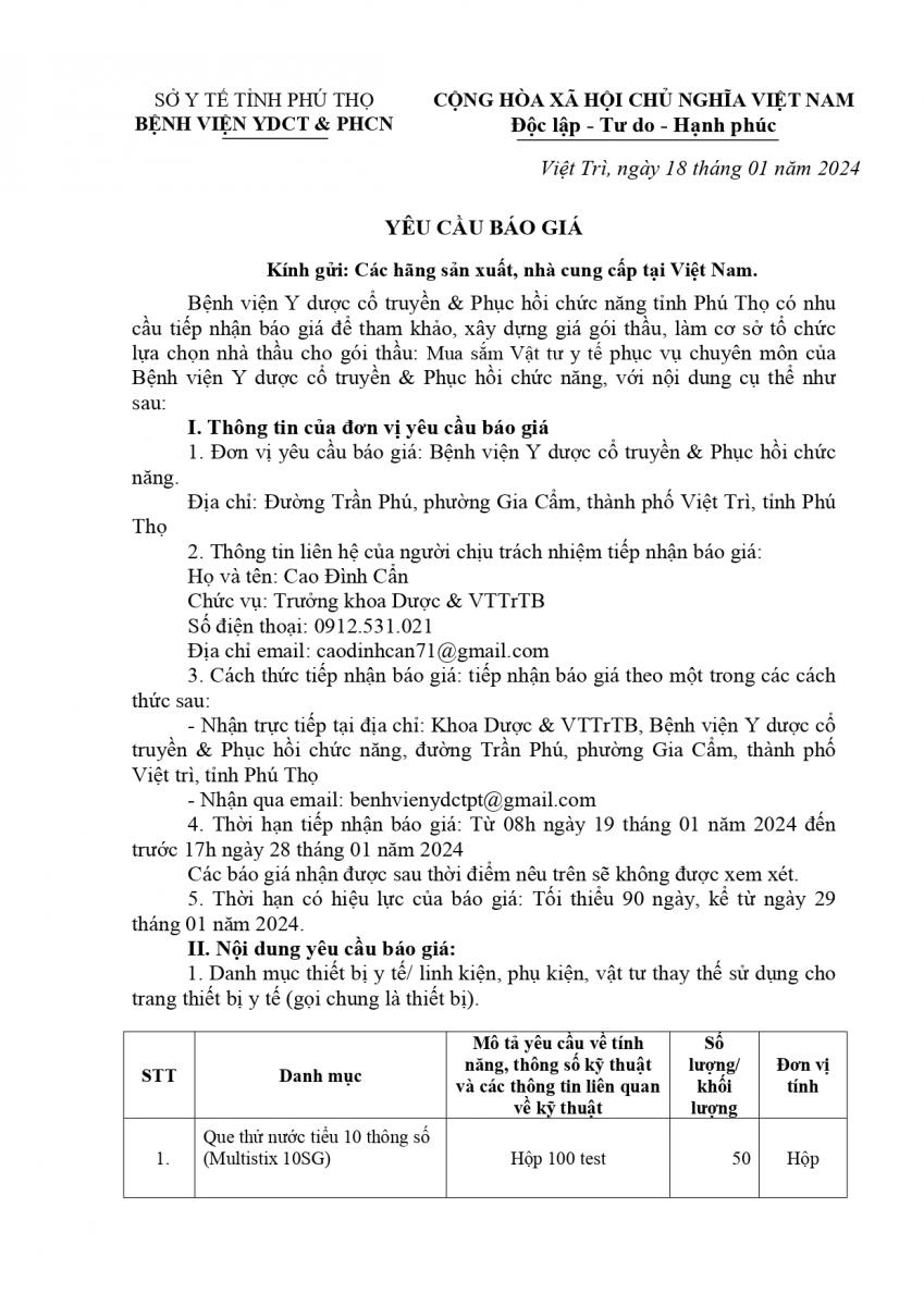 YÊU CẦU BÁO GIÁ VẬT TƯ